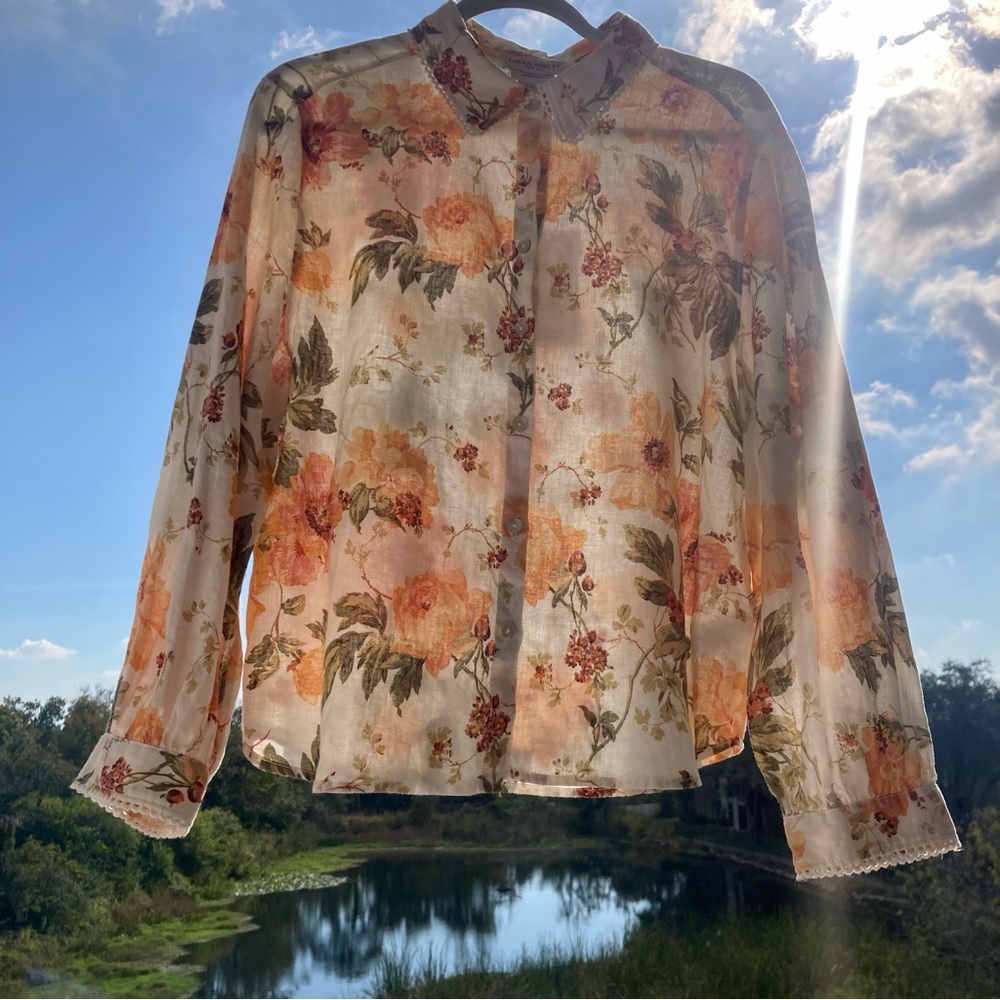 NWT LINEN Laura Ashley Cream and Green Floral Blouse VINTAGE RETRO STYLE SZ:XL